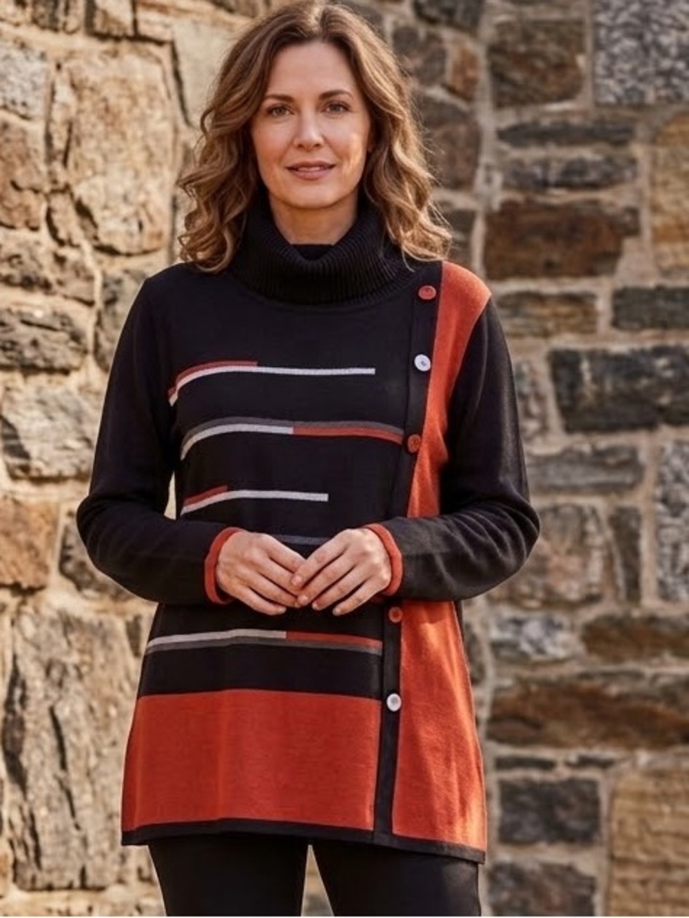 La Madonna Turtleneck Colorblock Sweater button Accent Black rust XL